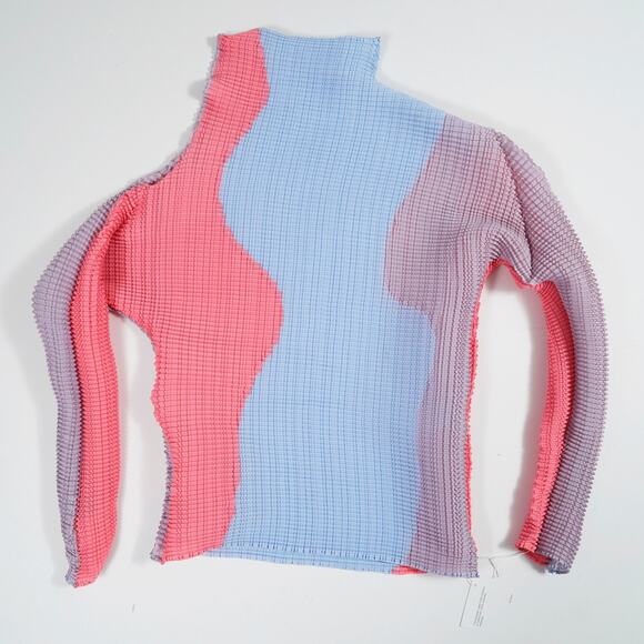 Issey Miyake Tops - Issey Miyake Mainline Pleated Long Sleeve High Neck Top 2 Blue Pink IM58FJ187